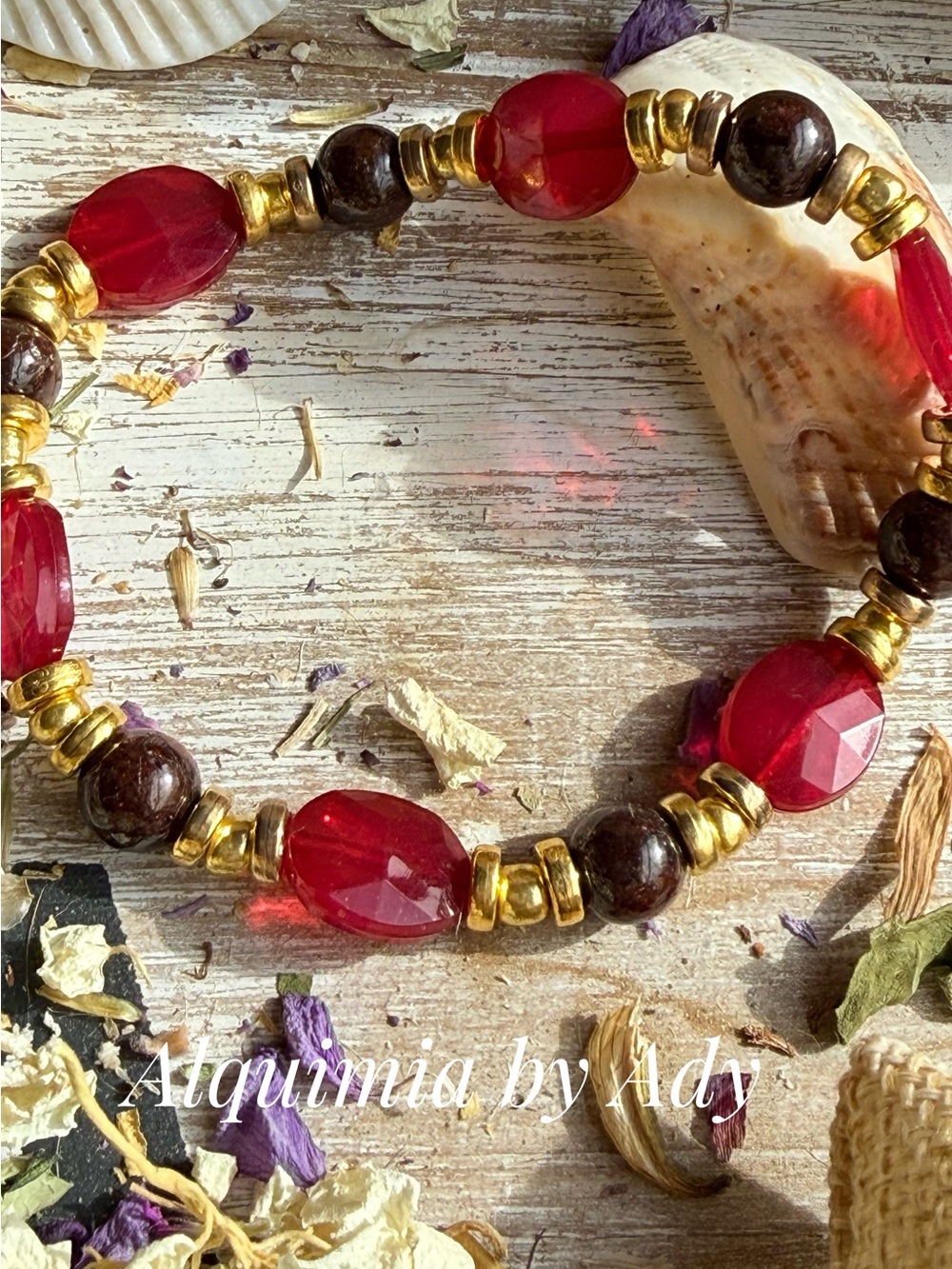 Garnet Red, Gold & Brown Faceted Bead Bracelet